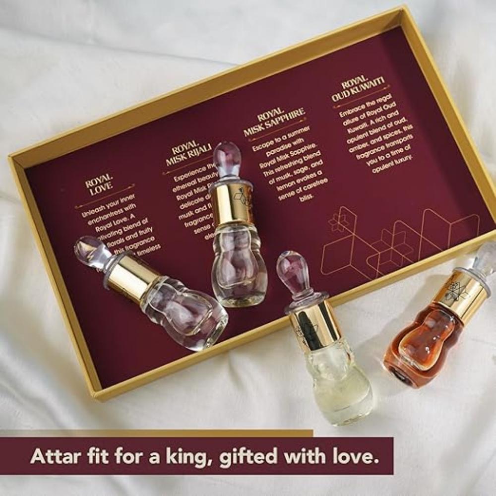 Royal Series Attar Set 4 X 5ml |  Perfume Oil for Men & Women |  | Includes Royal Love, Misk Rijali, Misk Sapphire & Oud Kuwaiti |