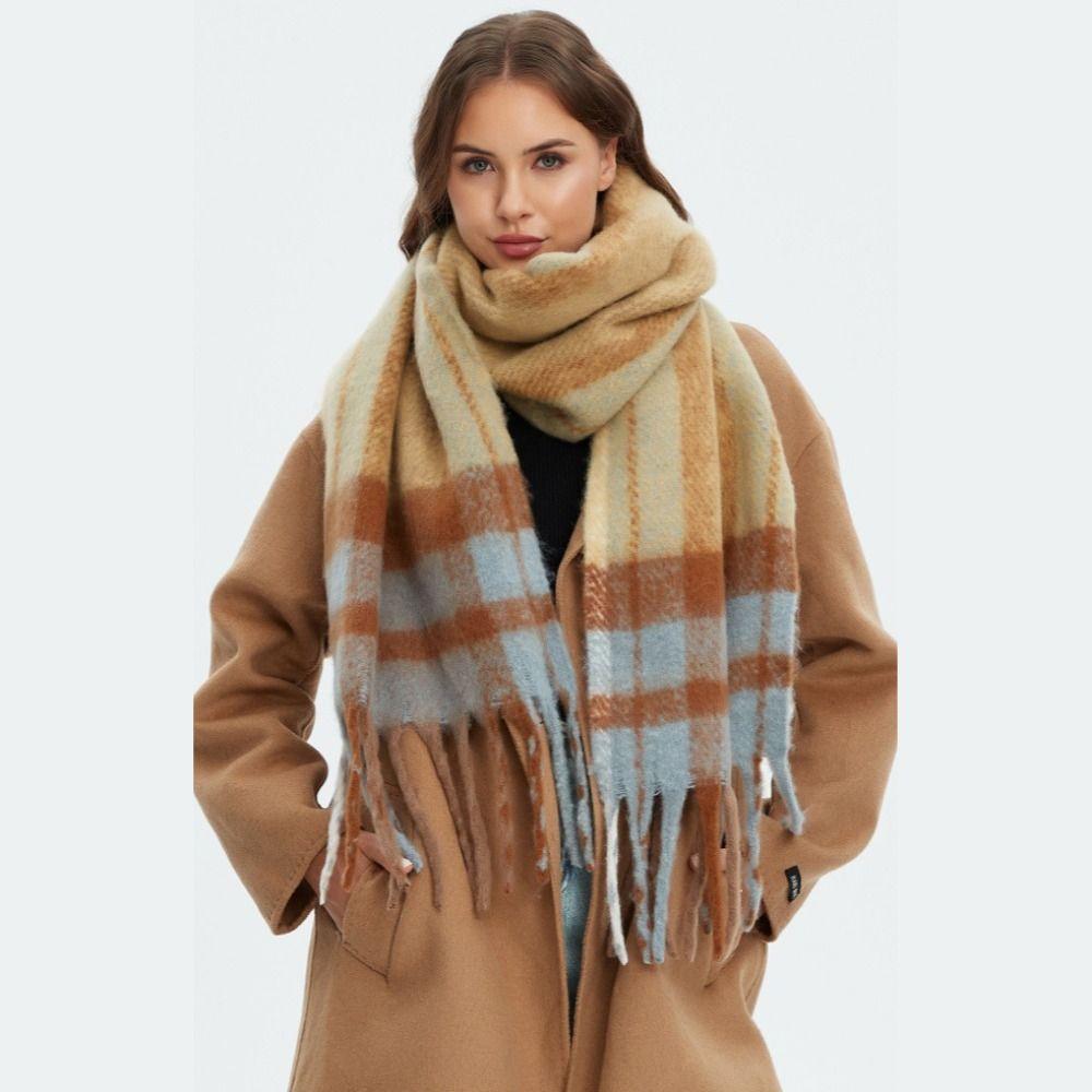 Plush Rainbow Tassel Shawl Long Women Cape Classic Plaid Wool Scarf Autumn Winter