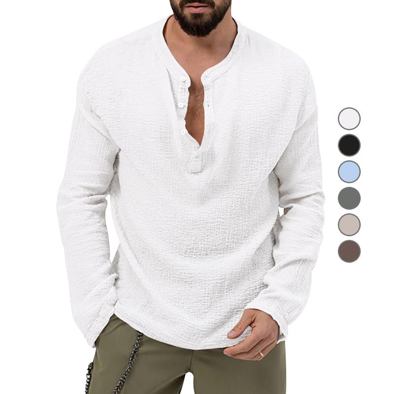 New Autumn Long Sleeve T-shirt Men's Loose Button V-neck Top