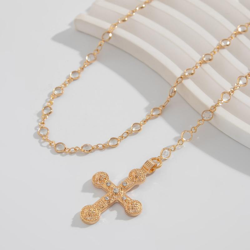 Y2K Fashion Boho Geometric Colored Crystal Chain Necklace For Women Female Vintage Gold Color Metal Cross Pendant Zircon Gift