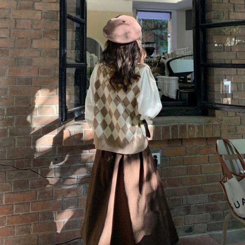 Fake Two Piece Diamond Plaid Splice Knitted Sweater Women Autumn Design Sensible Small Number Sweaters Layered with Cardigan Top