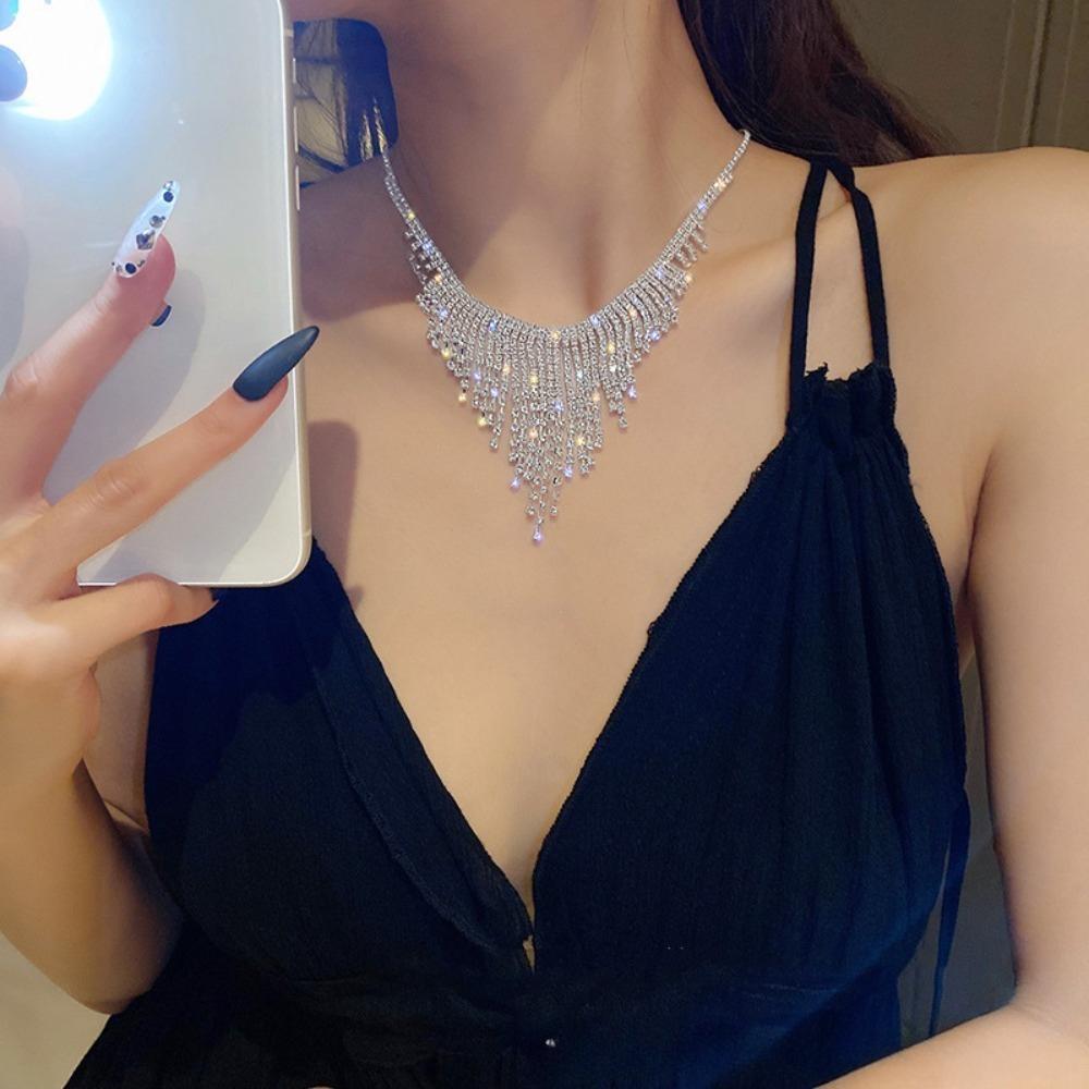 Luxury Temperament Shining Brightly Full Rhinestone Multi-layer Tassels Chain Necklace for Women Bride Wedding Banquet Jewelry