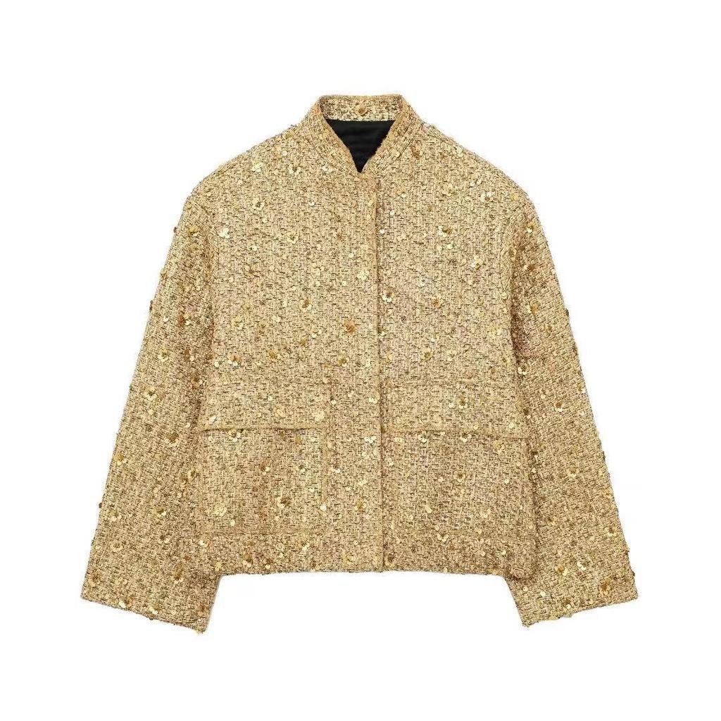 European & American Women's Sequin Stand-up Collar Jacket - Autumn/Winter 2025 Fashion, Solid Color, Short Casual Style