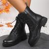 fashion Women's Black Platform Ankle Boots Fashion Buckle Decor Lace Up Motorcycle Boots Woman Thick Sole PU Leather Combat Booties 2024