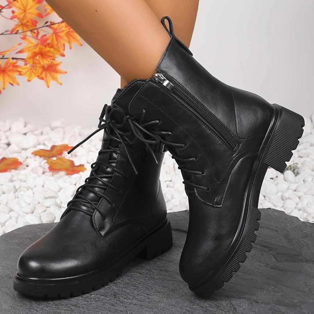fashion Women's Black Platform Ankle Boots Fashion Buckle Decor Lace Up Motorcycle Boots Woman Thick Sole PU Leather Combat Booties 2024