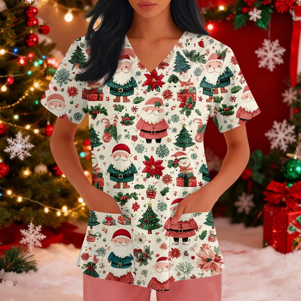 Women's Loose Short Sleeved Fashionable Tooth Pattern Printing V-neck Buttonable Side Slit Top T-shirt