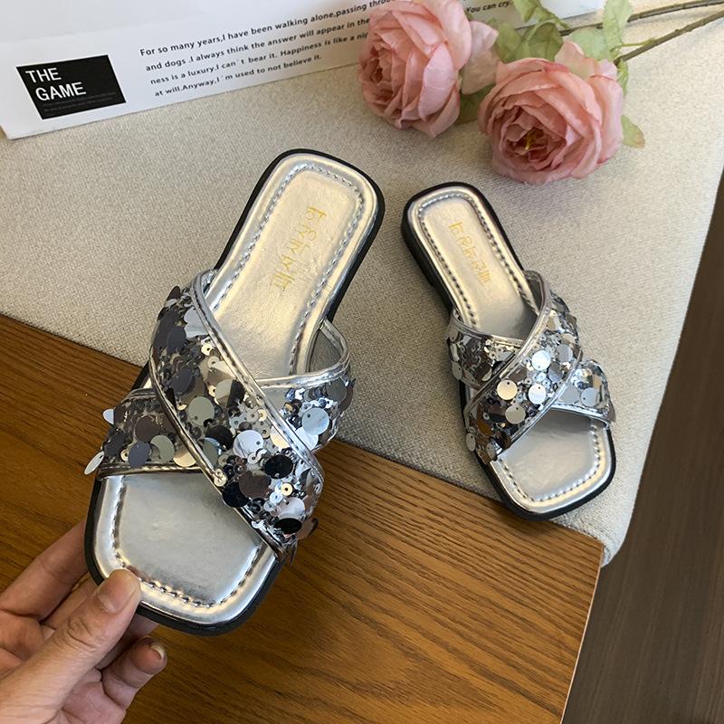 French sequined cross-strapped cool slippers 2025 summer new outer wear flat-bottomed casual high-end one-pedal slippers