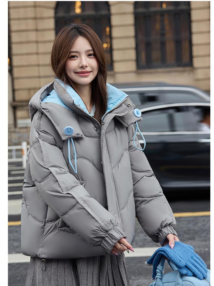 Women’s Short Color Contrast Hooded Windproof Thicken Warm Winter Jacket With Raglan Sleeves