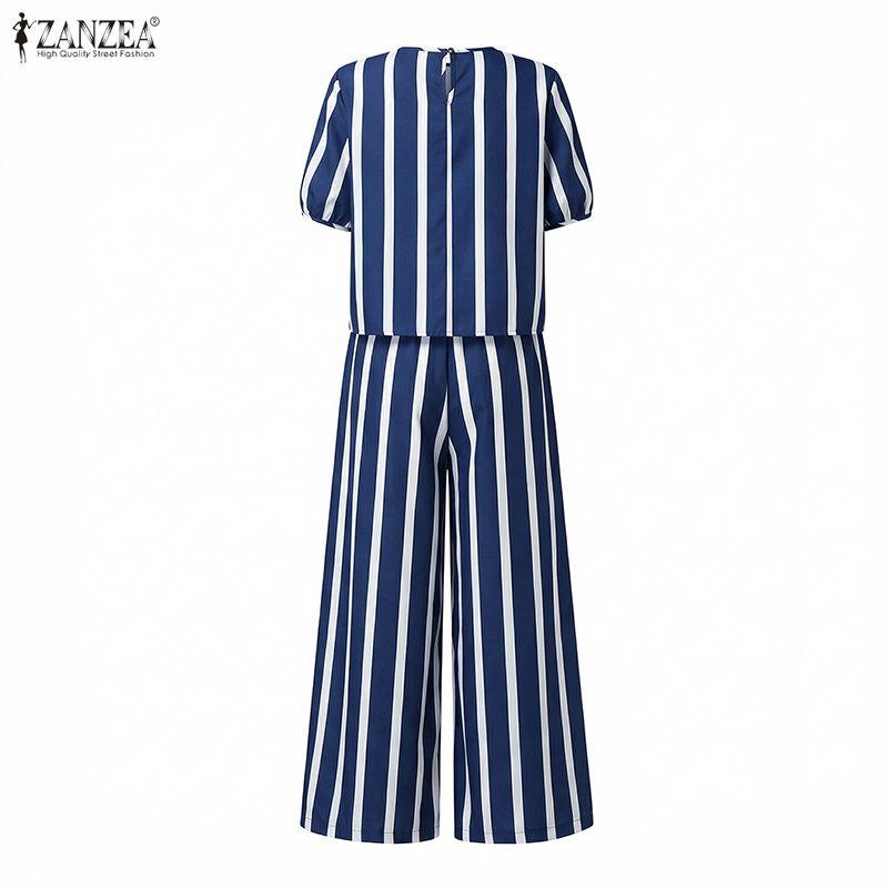 ZANZEA Women Short Sleeve Blouse and Pants Casual Stripe Print Two Piece Suit Sets