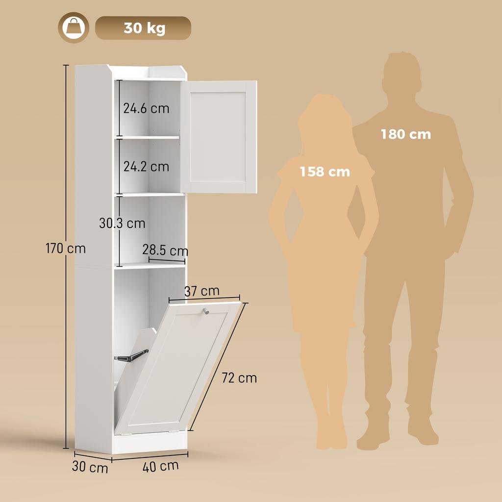 Tall Bathroom Cabinet with Flip Basket and Shelves, 40x30x170 cm, White