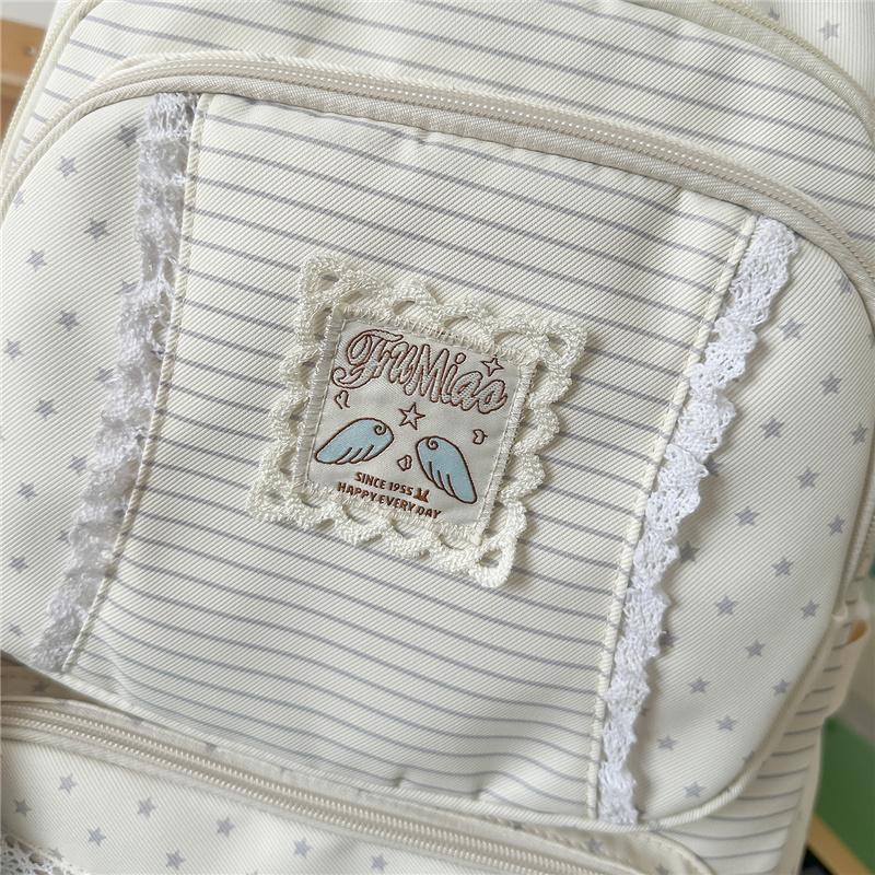Mochila con Adorno de Encaje Rayas Estrelladas con Ventana Frontal Transparente y Múltiples Bolsillos Gran Capacidad Mochila Escolar Diaria para Adolescentes Estudiantes Viajes Diarios