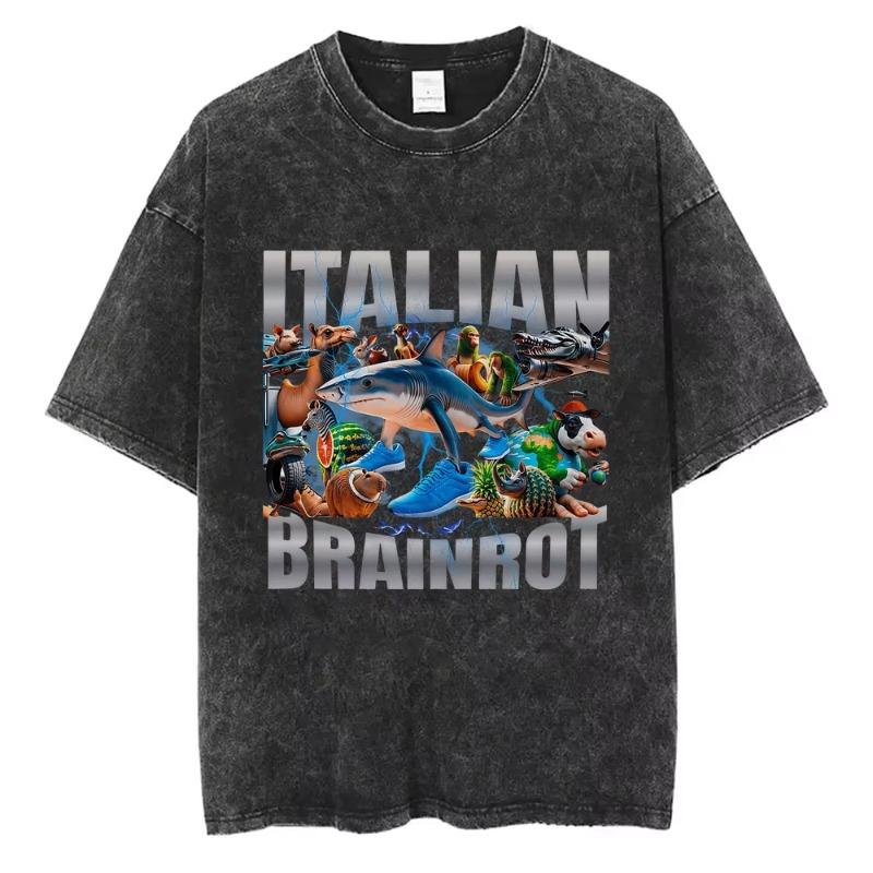 Bombardiro Crocodilo Crocodile Plane Bomber Funny Meme Washed Vintage T-shirt Men Women Casual Italian Brainrot Humor Style Tees