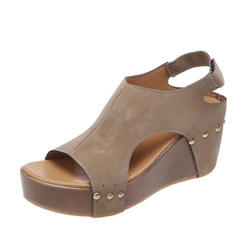 Large size wish new slope heel fish mouth sandals women's summer thick-soled rivets hollow sandals