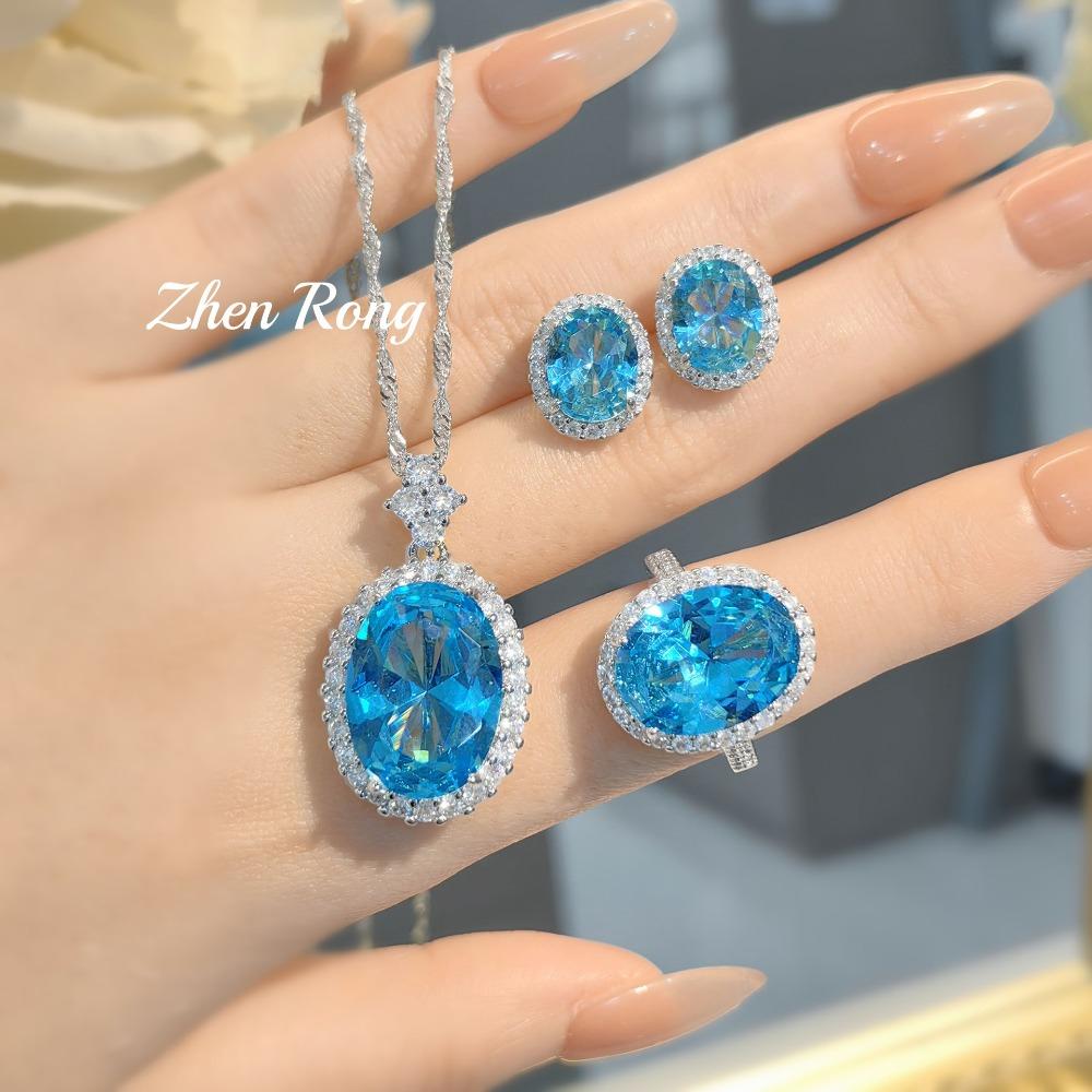 Exquisite Gemstone Jewelry Set with Pigeon Egg Pendant Blue Diamond Earrings Pink Diamond Ring Heavy Duty Craftsmanship