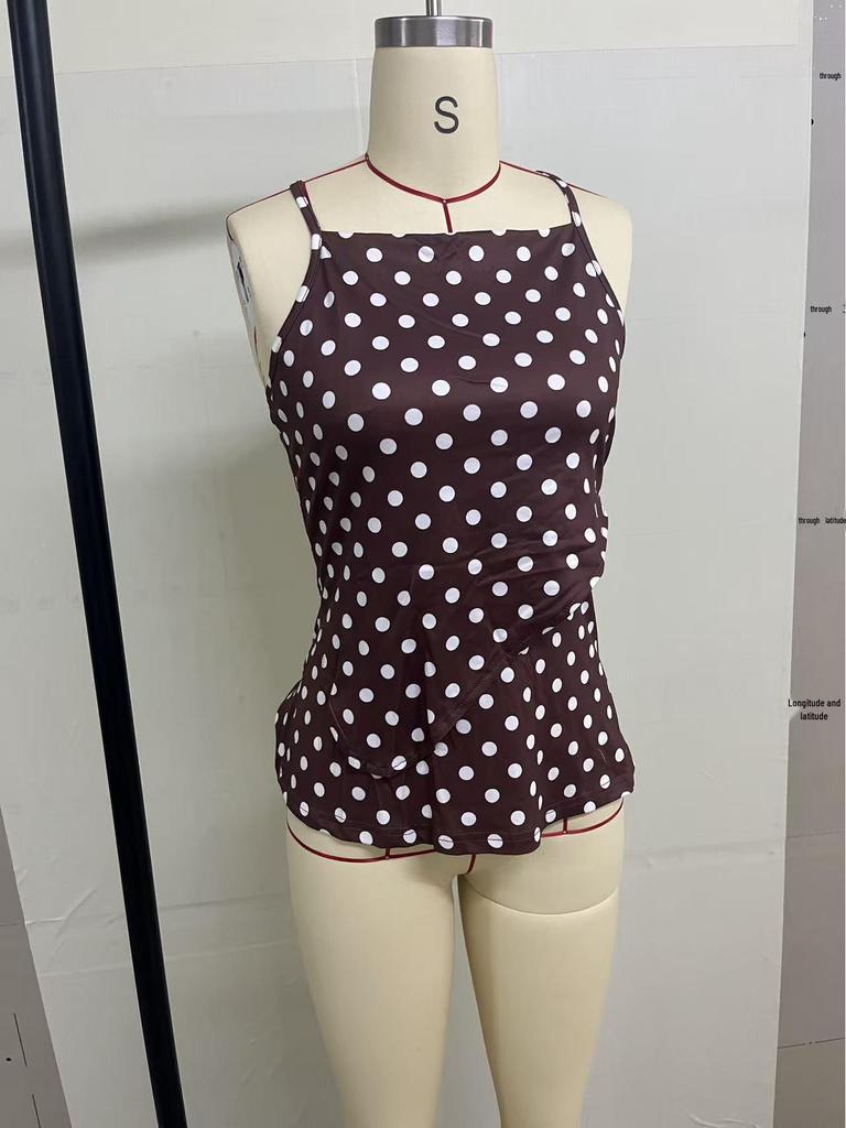 Women's European & American Spicy Girl Polka Dot Camisole with Tummy Coverage and Butterfly Knot Back