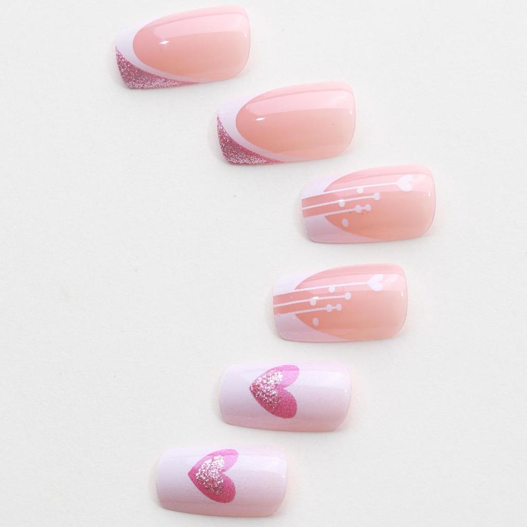 Valentine's Day French Press-On Nails: White Edge with Pink Heart Glitter - Stylish Cross-Border Nail Art