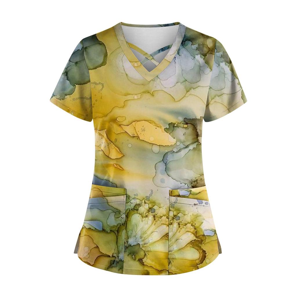 Plus size bonito impresso esfrega uniforme de trabalho topos para mulheres cruz com decote em v manga curta diversão camisetas workwear t com bolsos