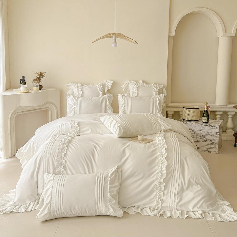 French Style Four-Season Model, White 100 Washed Cotton Lace Four-Piece Set, Quilt Cover, Polished Sheets, Cream Wind 4Ins Wind 1.2m.flatsheetthree-pieceset,duvetcover1.5*2m
