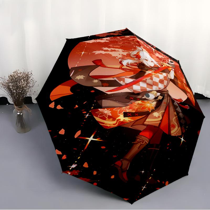 Genshin Impact characters2 Print Automatic Umbrella, 8 Rib Iron Frame, Plastic Handle, Suitable for Outdoor Travel &Daily , Ideal Gift