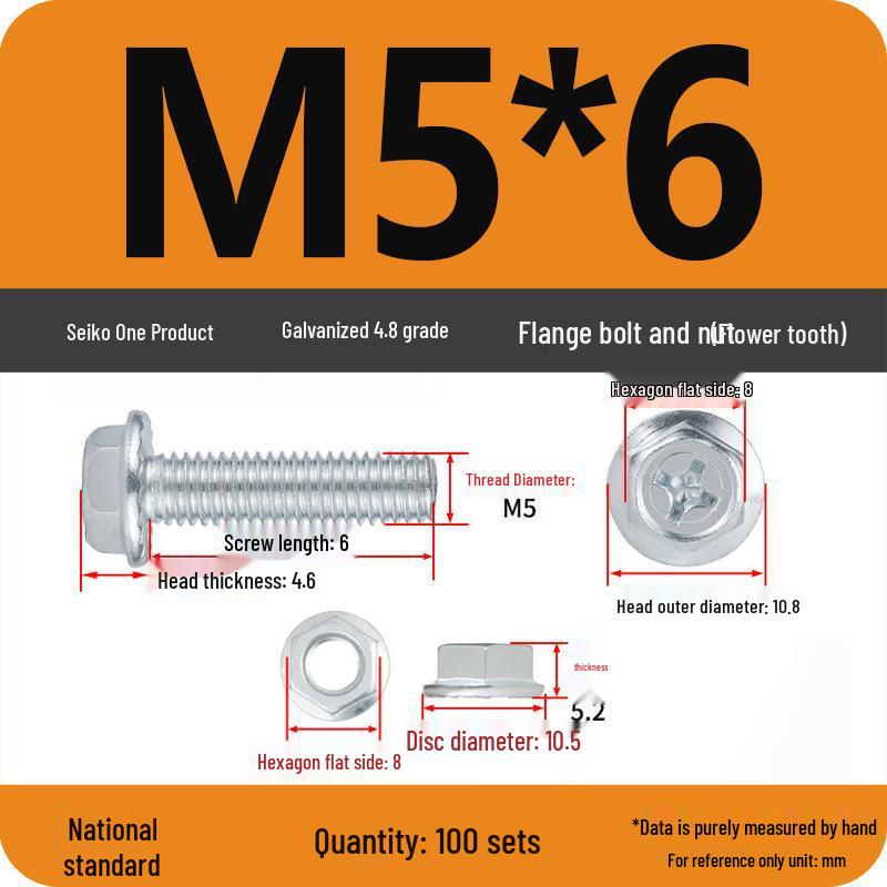 Galvanized Hex Bolt & Nut Set with Washer, Anti-slip, 4.8 Grade, Cross Flange Head, M4-M8 Sizes.