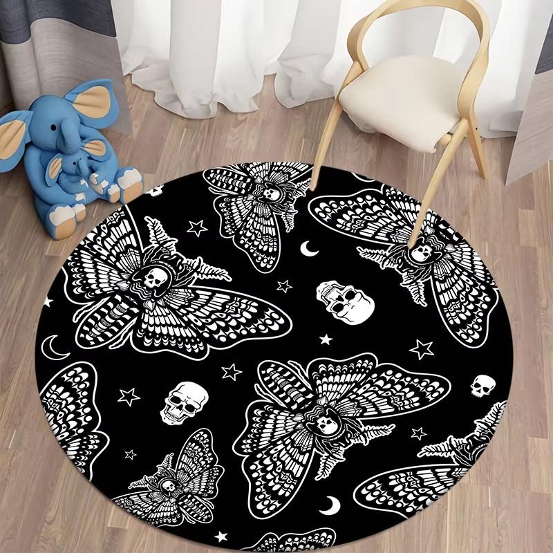 Death Moth Round Carpet Gothic Skull Round Floor Mat Butterfly Moon Living Room Carpets Bathroom Kitchen Area Rug Doormat Decor