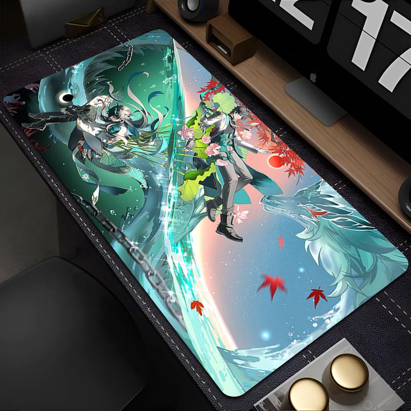 Large Gaming Mouse Pad Antislip Desk Mat Stitched Edges Stylish Aqua Fantasy Anime Print Smooth Surface for PC Laptop