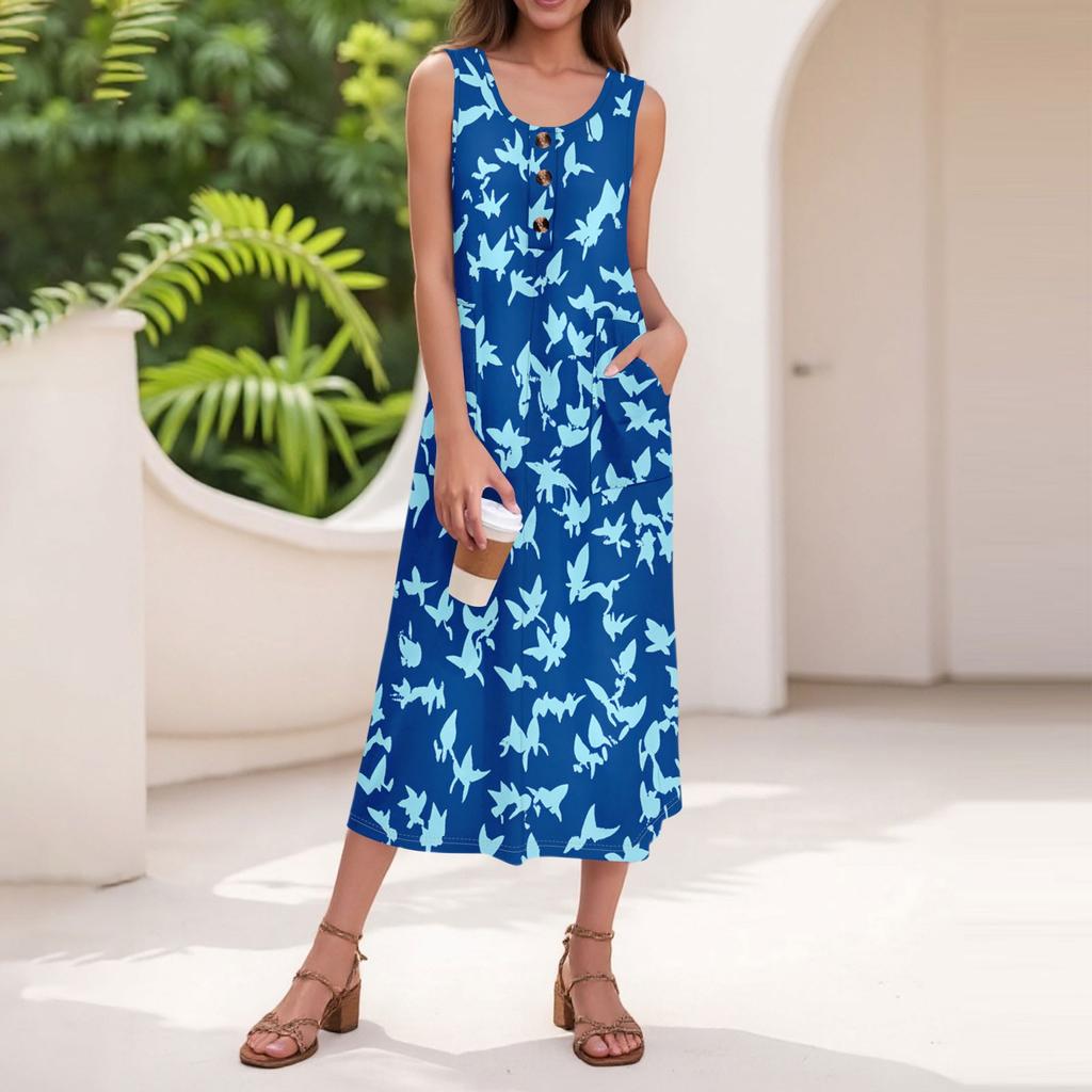 Women's Summer Casual Fashion Floral Print Sleeveless Button Casual Long Dress