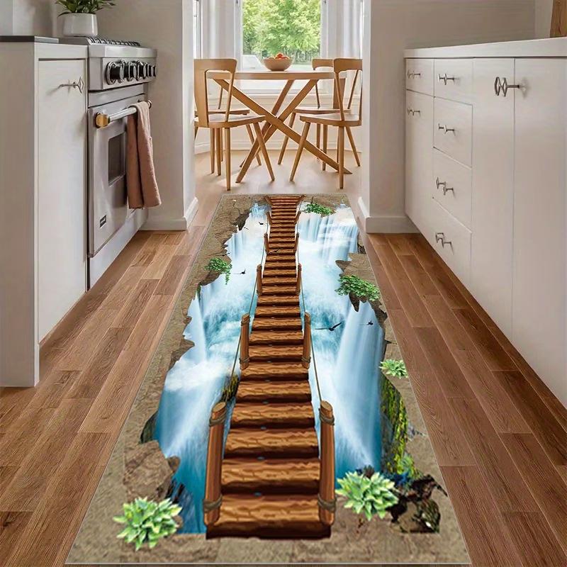 2D Nature Landscape Runner Rug Waterfall Koi Pond Hallway Carpet Non Slip Long Floor Mat for Kitchen Entryway Home Decor