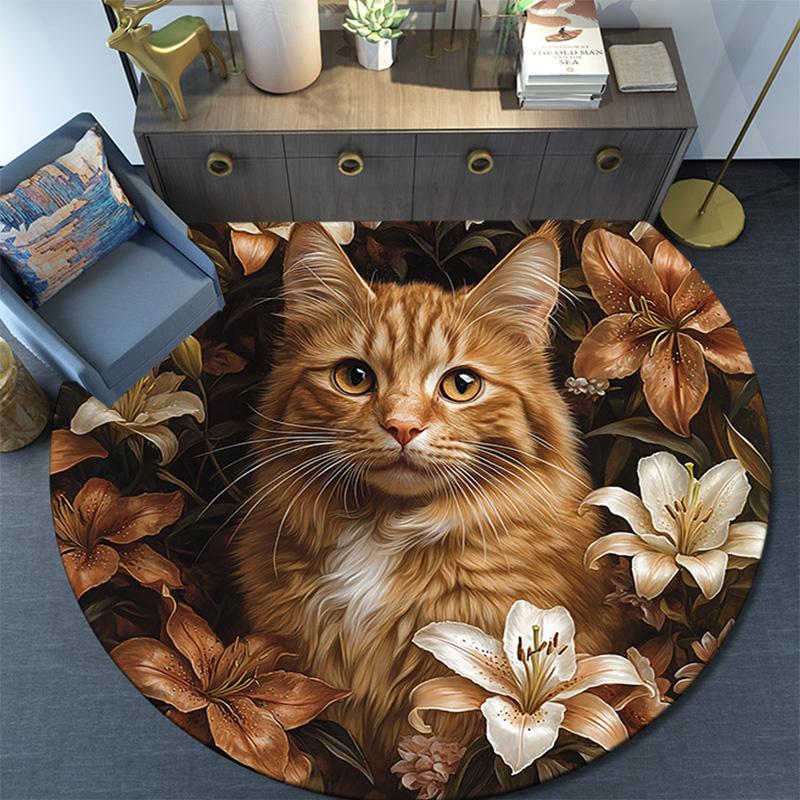 Orange Cat Round Area Rug,Carpet Rug for Living Room Bedroom Sofa Playroom Decor,Non-slip Floor Mat
