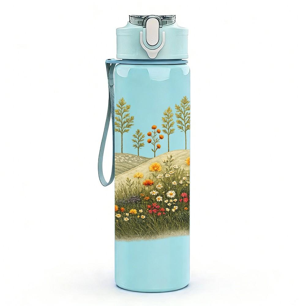 1PC Small Trees On Green Meadow Hill Print 750ml Color Plastic Sports Water Bottle Leakproof Flip Straw Lid Suitable for Sports Office Home Use