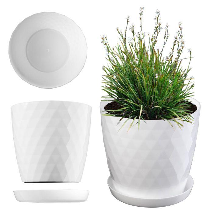 KADAX Pot de Fleurs en Plastique avec Soucoupe Intégrée, Pot de Plante pour Une Décoration Florale Moderne (18 cm, Blanc)