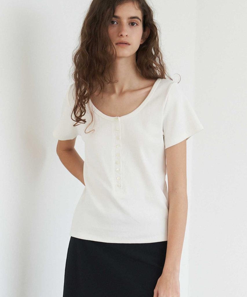 THERYE U-Neck Button T-Shirt(White)