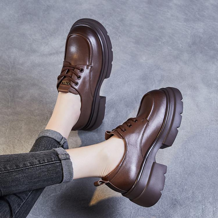 Johnature Thick Soled Genuine Leather Women's Shoes Versatile Lace Up British Style Height Increasing Pumps