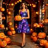 Women Halloween Print Sleeveless Shoulder Strap Dress Pumpkin Skull Pattern A-Line Swing Party Dress