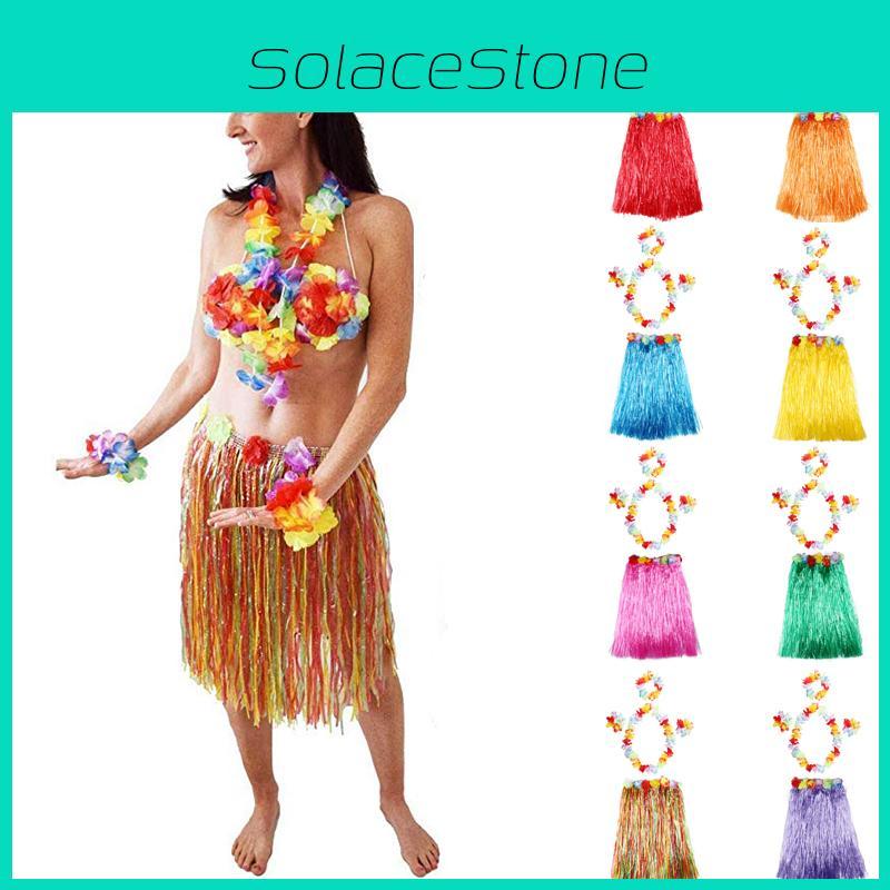 Lebhafter hawaiianischer Hula-Tanz-Grasrock für Erwachsene mit farbenfrohen Blumenzubehör