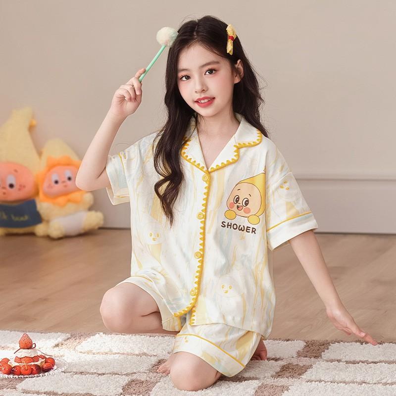 Cute Cartoon Cotton Pajama Set Girls 2026 Short Sleeve Sleepwear Kids 8 Years Lightweight Home Outfit