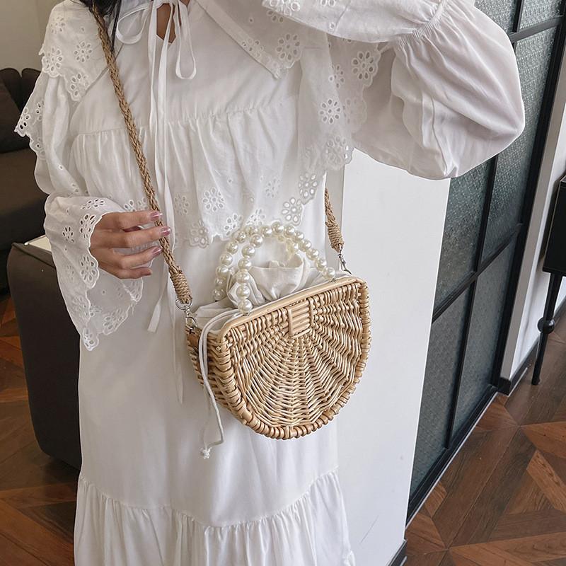Handcrafted Bamboo Weave Tote Bag With Pearl Shoulder Strap For Beach Travel And Daily Use