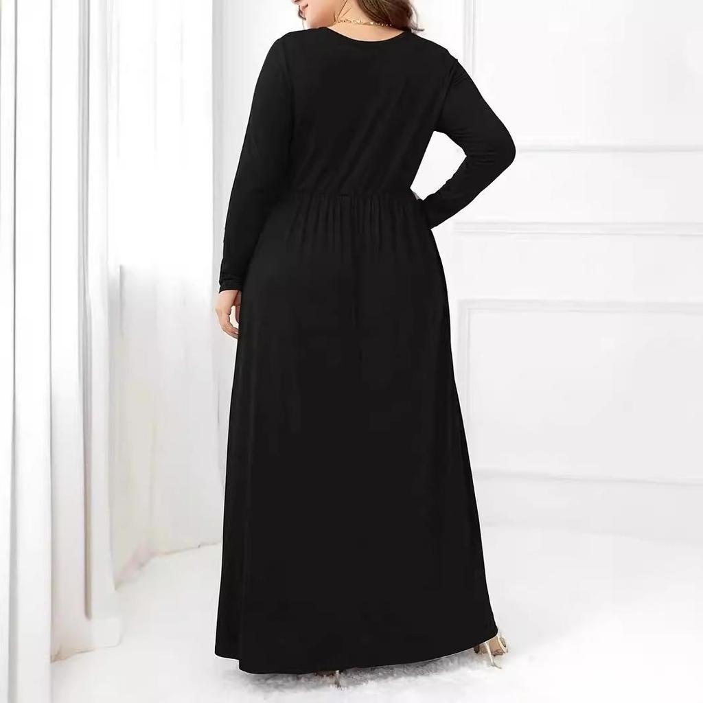 Rochie de damă culoare uni casual cu cravată în talie mânecă lungă gât rotund mărime plus rochie lungă