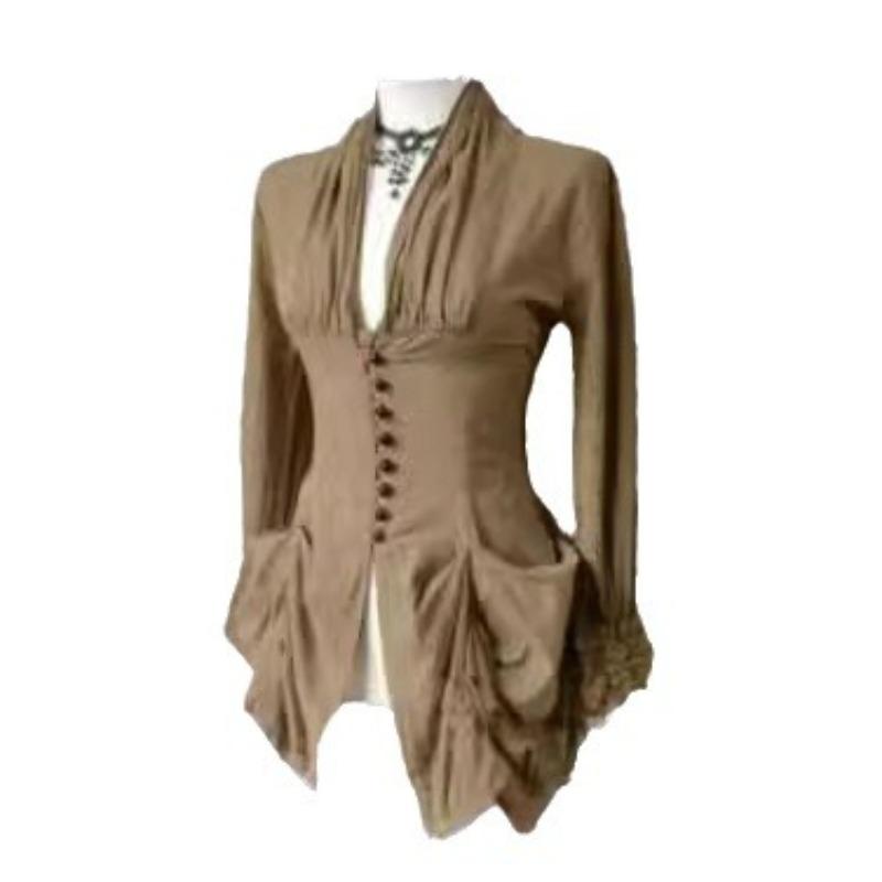 Summer Women's Solid Colour Temperament V-Neck Buttoned Long Sleeve T-Shirt