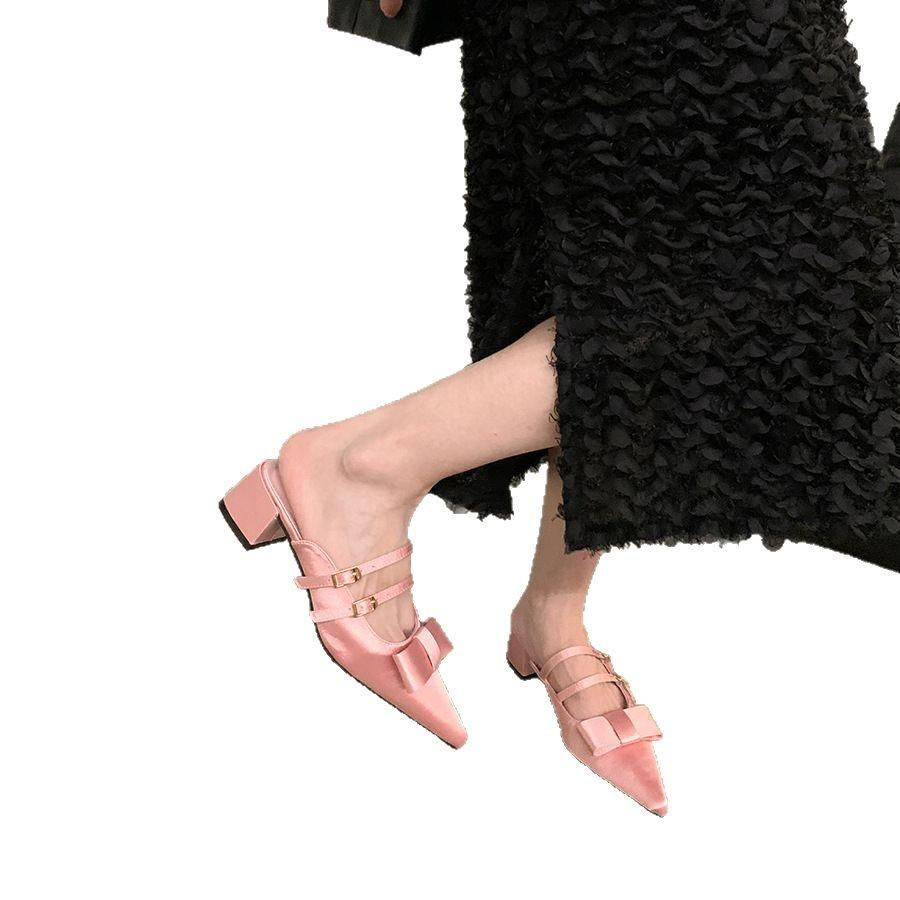 Coarse heel French bow bag head half slippers women's shoes wear 2025 new summer pointed Mary Jane sandals