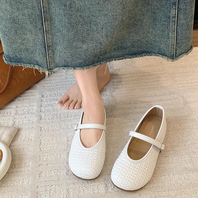Spring and Autumn New One-word Belt Mary Jane Single Shoes Women's Shallow Mouth Ballet Shoes Flat White Small Leather Shoes
