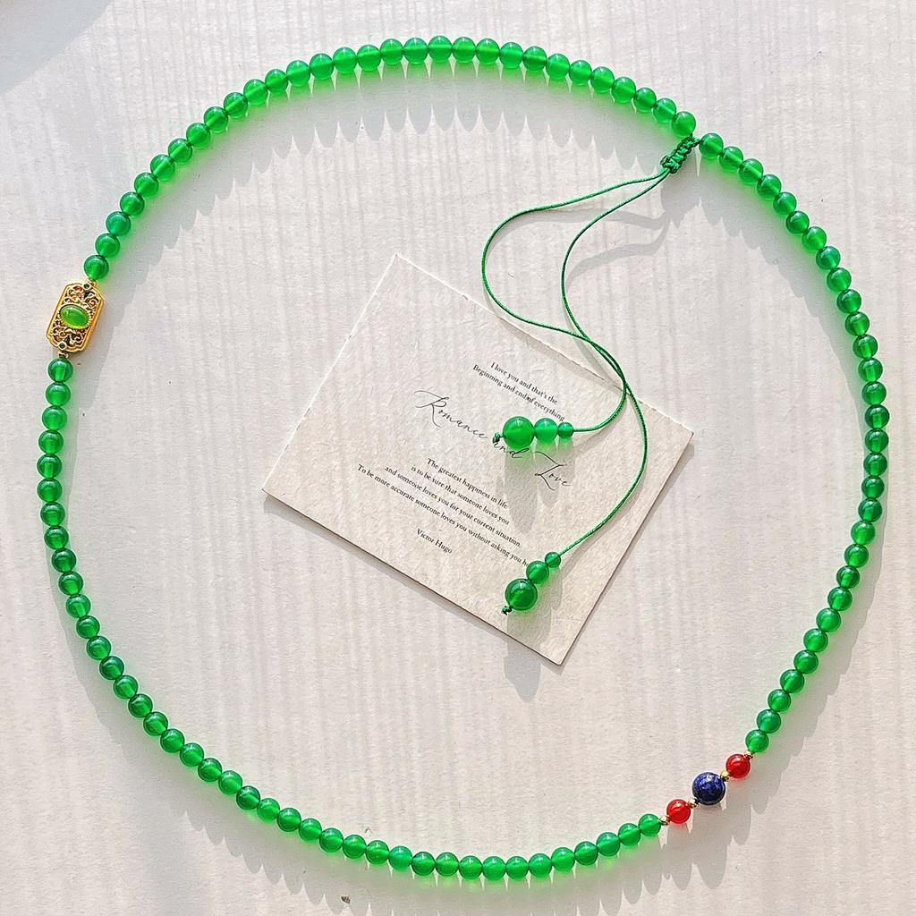 Vintage High Quality 7A Imperial Green Natural Chalcedony Multi-Layer Design Sweater Chain Necklace Collarbone Chain Female