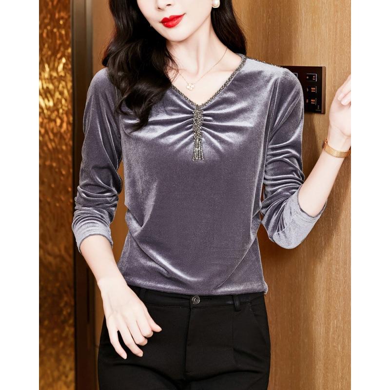 Dámské korálkové tričko s véčkovým výstřihem a dlouhým rukávem z veluru, dámské podzimní plyšové spodní tričko, nový módní top