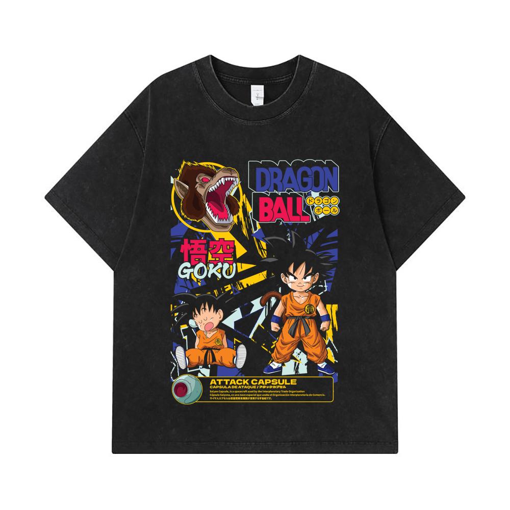 275 GSM Washed T-shirts 100% Cotton Dragon Ball V40 Goku Capsule Print Unisex Heavy Cotton T Shirt