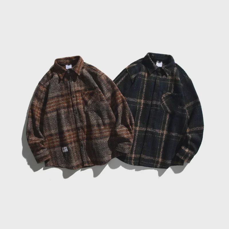 Unisex Retro Kostkovaná Košile s Dlouhým Rukávem a Klopou - Ležérní Volný Střih na Jaro & Podzim