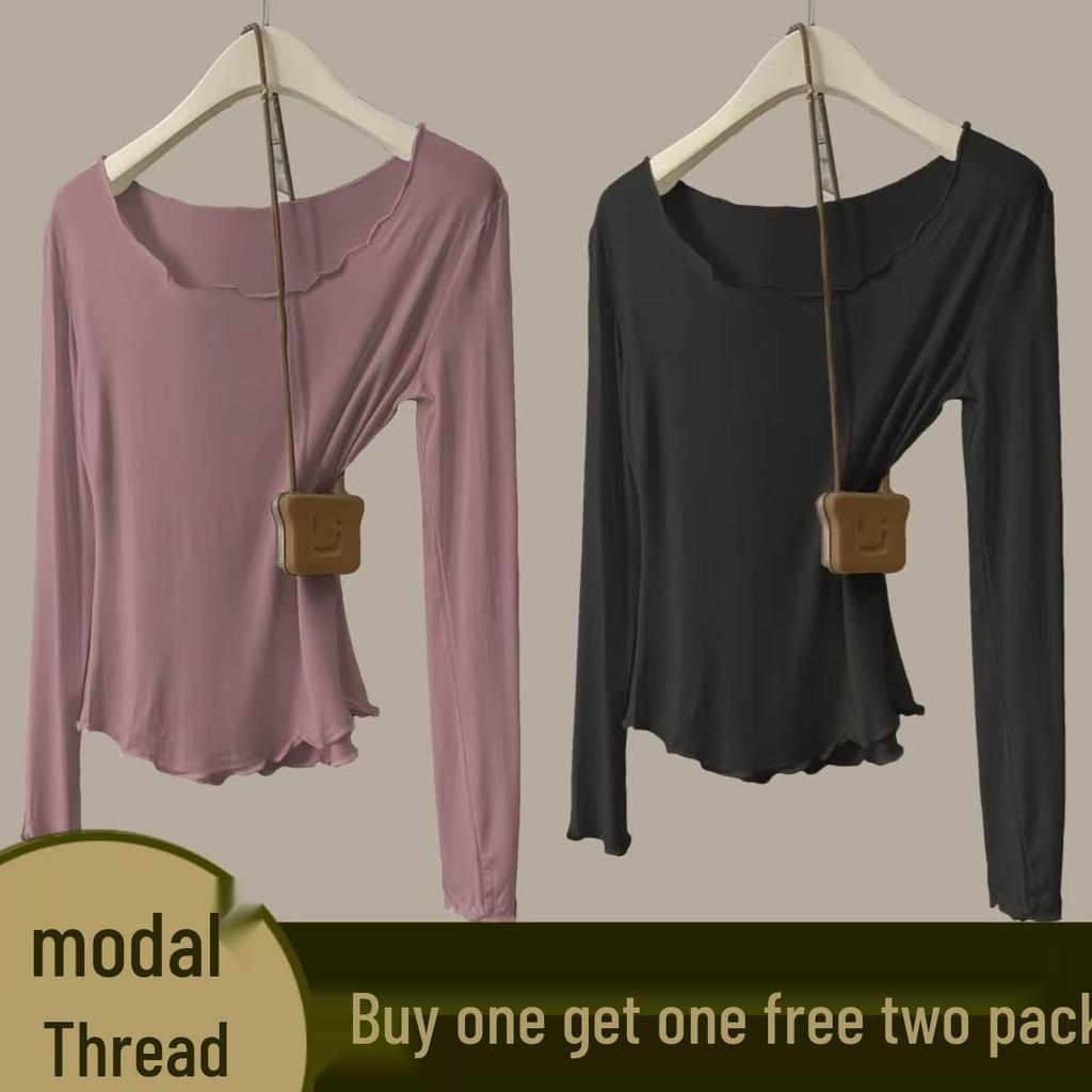 Women's Autumn Modal Ribbed Top: Round Neck, Long Sleeve, Rolled Hem, Base Layer T-Shirt