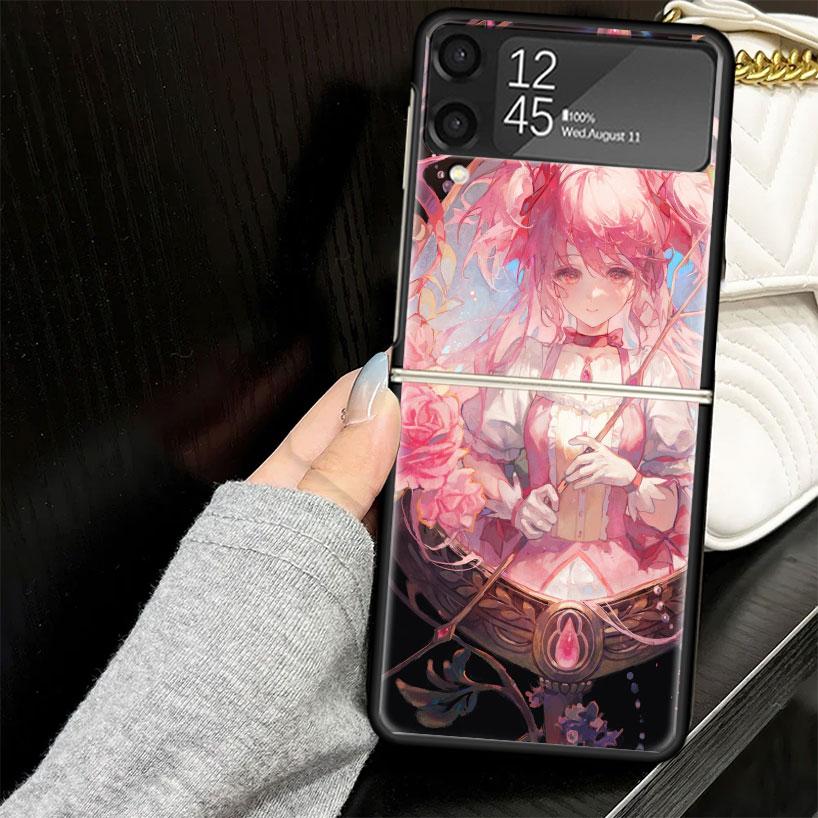 Madoka Magica Anime Case for Samsung Galaxy Z Flip7 Flip6 Flip5 Flip4 Flip3 5G Hard Phone Shell Z Flip 7 6 5 4 3 Black Cover