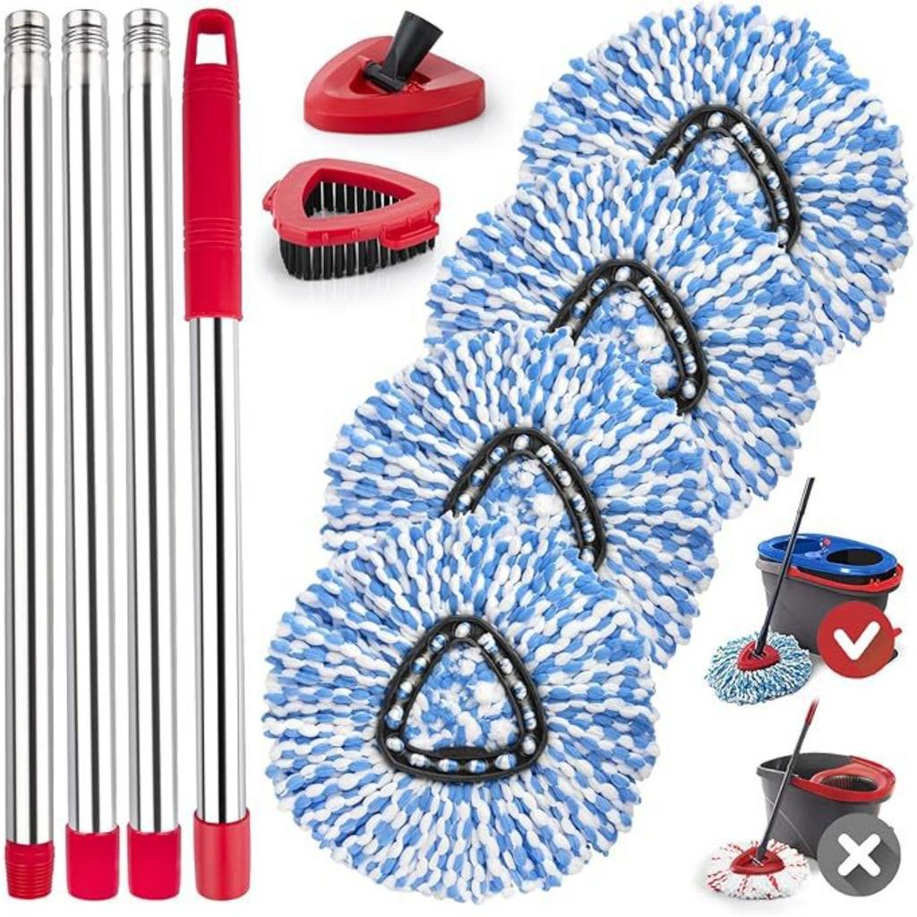 Spin Mop Replacement Head for O Cedar 2 Tank RinseClean, 4 Microfiber Mop Refill, 1 Scrub Brush, 1 Mop Stick, 1 Mops Base, Deep Cleaning