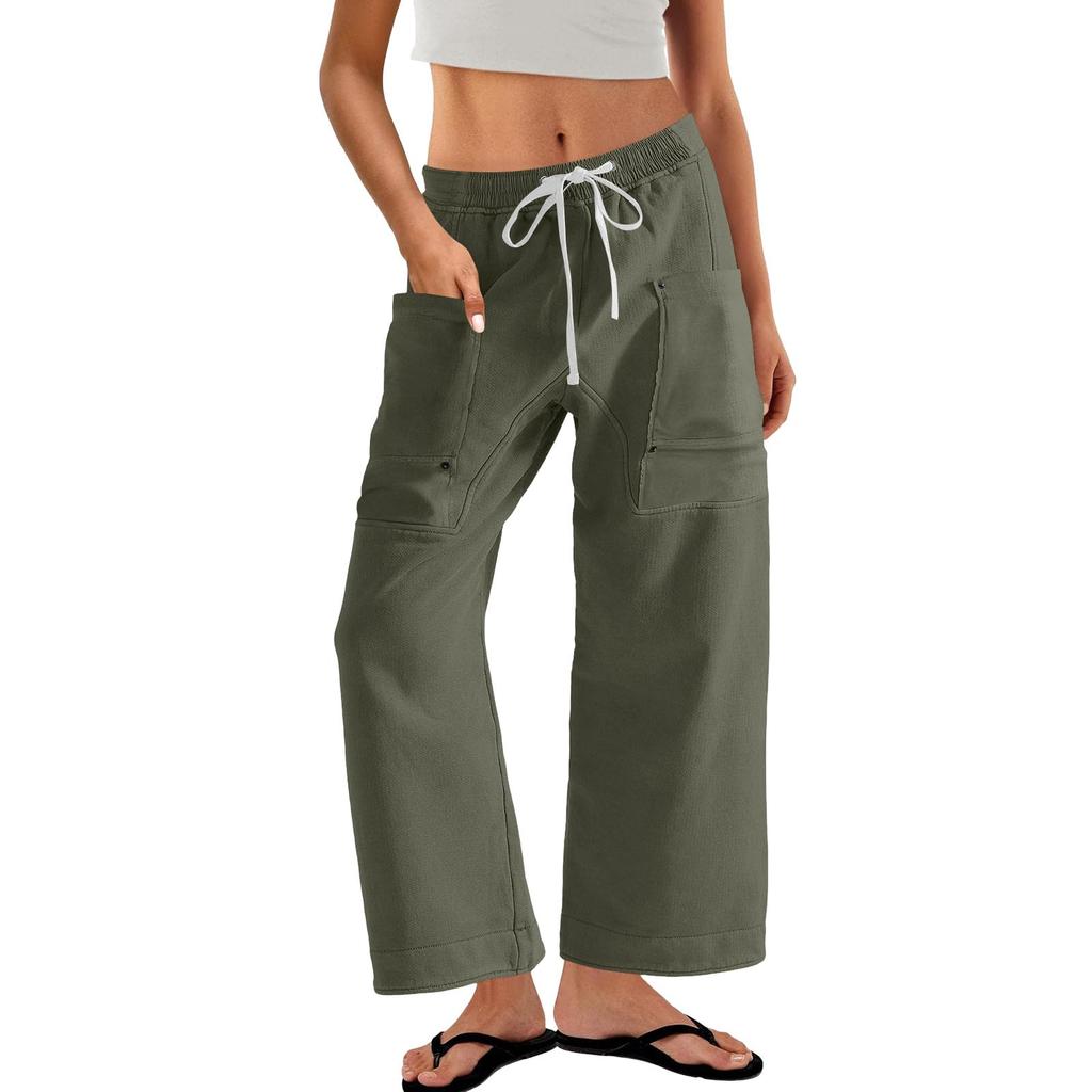 Women's  Fashionable Loose Solid Color Elastic Waist Pocket Straight Leg Casual Pants