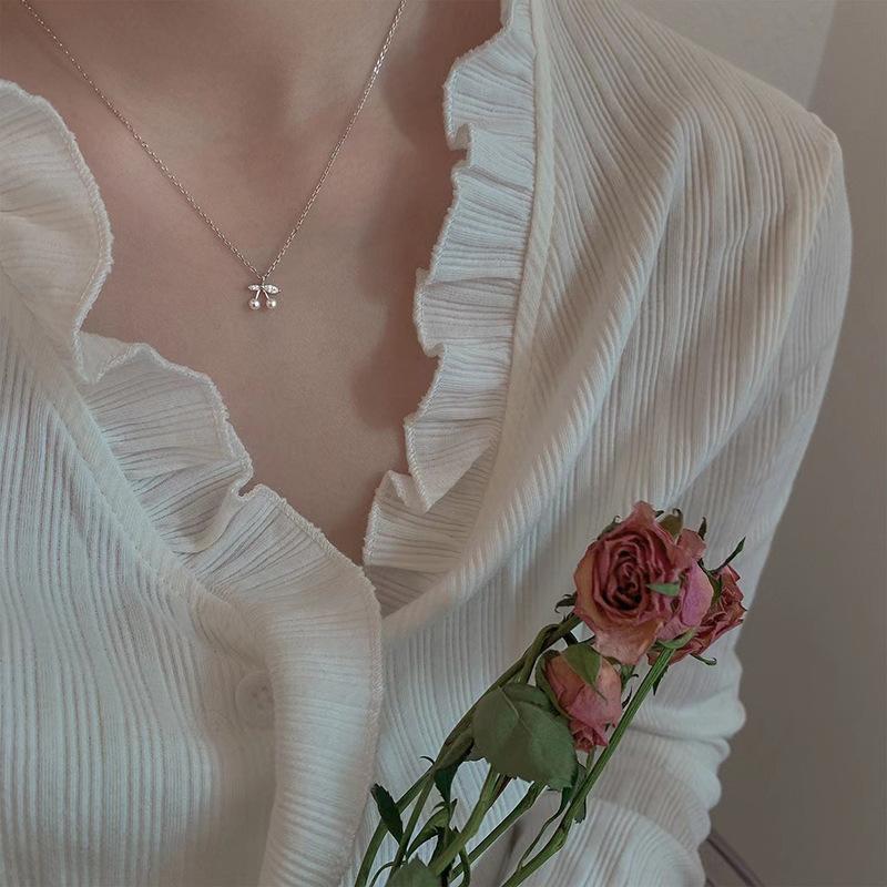 1pc Cute Style Necklace, Gentle Fruit Cherry Pendant, Exquisite Collarbone Chain In School Style